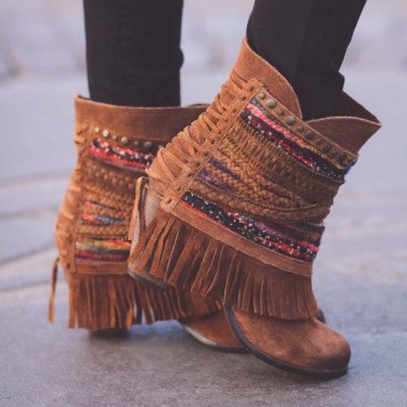 naughty monkey Shoes - Naughty Monkey Boho Talyhoe Moxy Booties Festival Fringe Suede Brown Heel Size 9